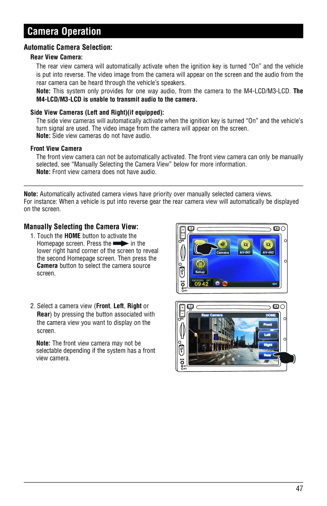 Magnadyne M3-LCD Camera Operation, Automatic Camera Selection, Manually Selecting the Camera View, Rear View Camera 