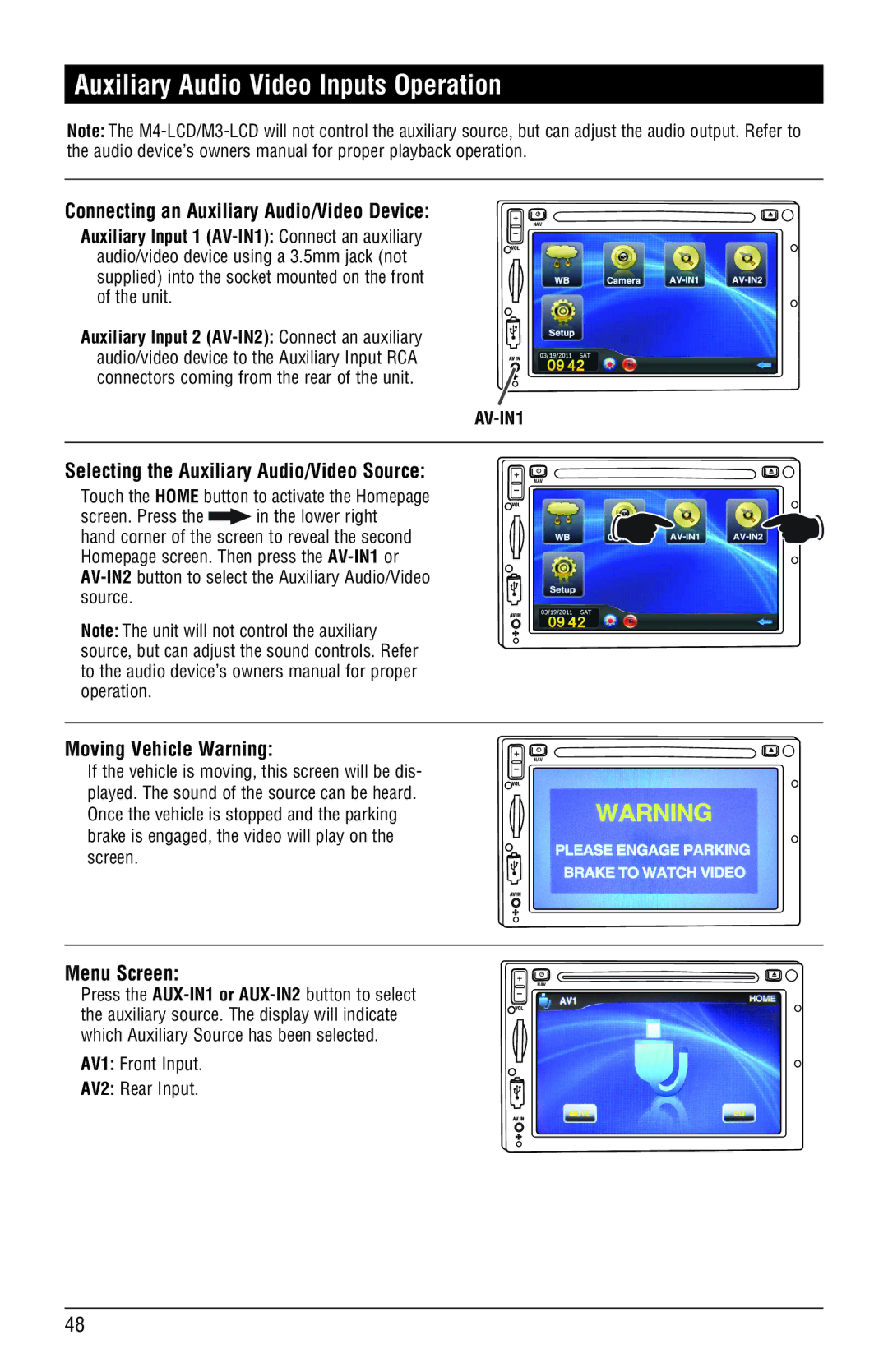 Magnadyne M4-LCD, M3-LCD Auxiliary Audio Video Inputs Operation, Selecting the Auxiliary Audio/Video Source 