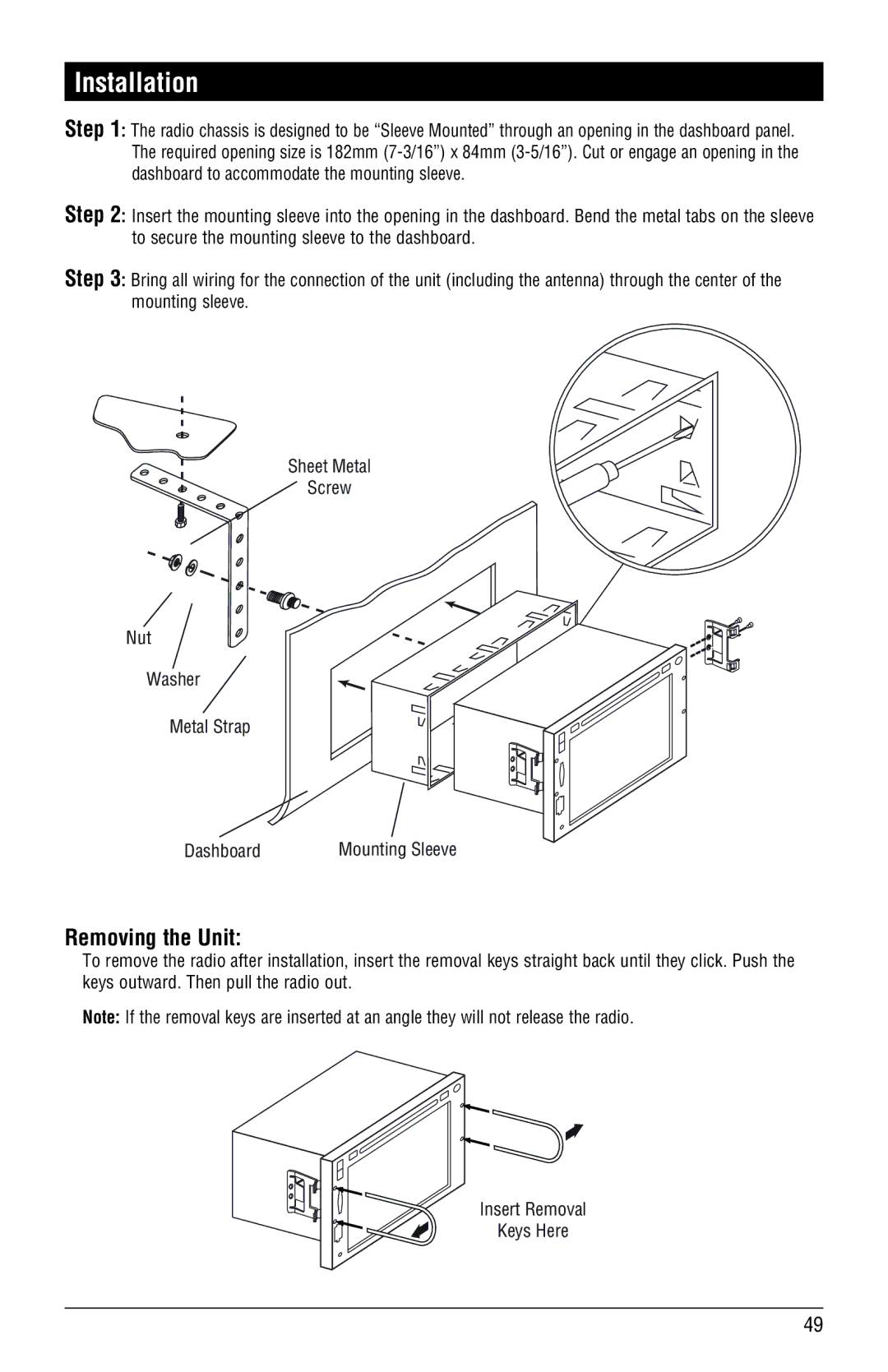 Magnadyne M3-LCD, M4-LCD installation manual Installation, Removing the Unit 