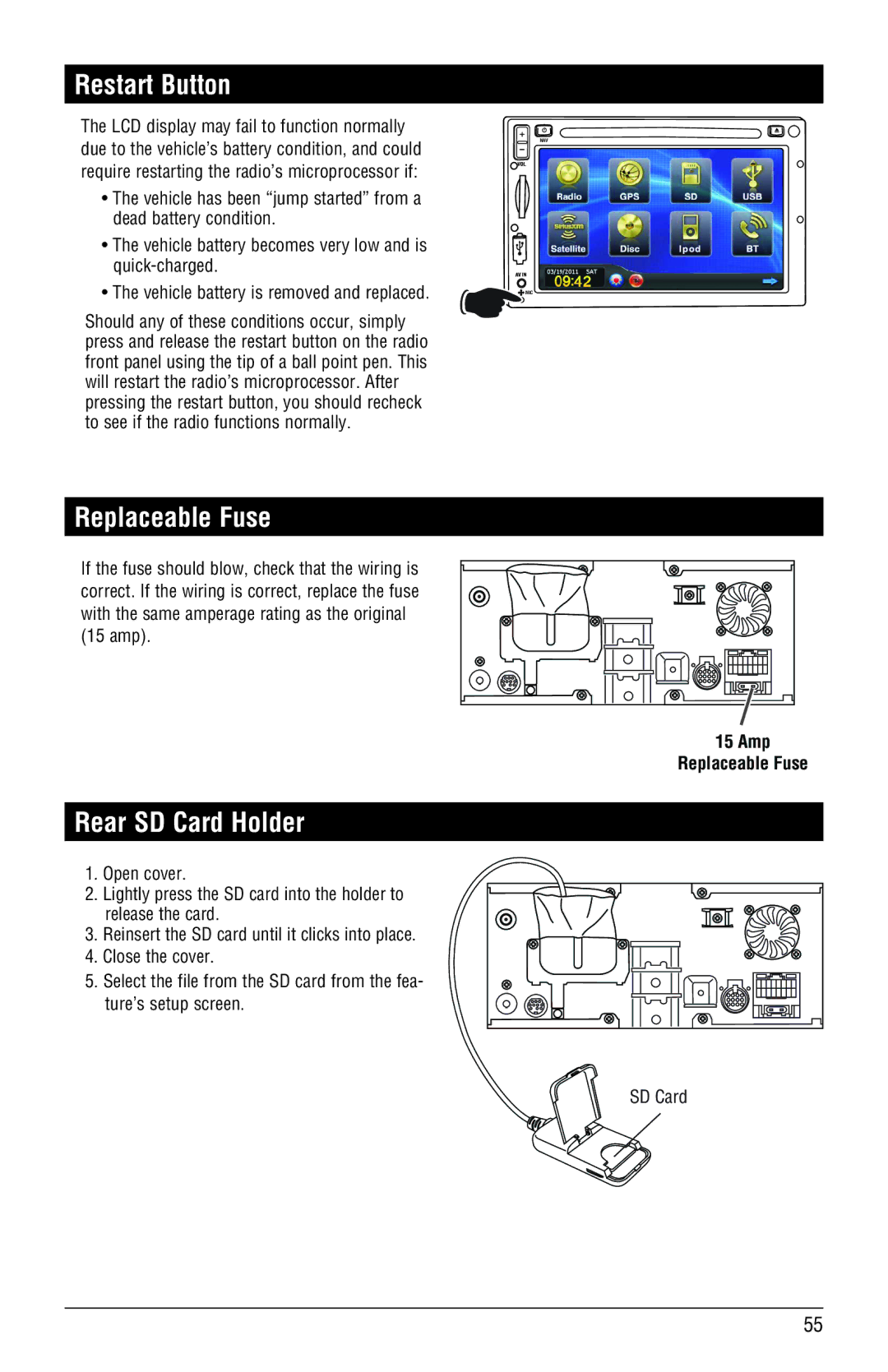 Magnadyne M3-LCD, M4-LCD installation manual Restart Button, Rear SD Card Holder, Amp Replaceable Fuse 