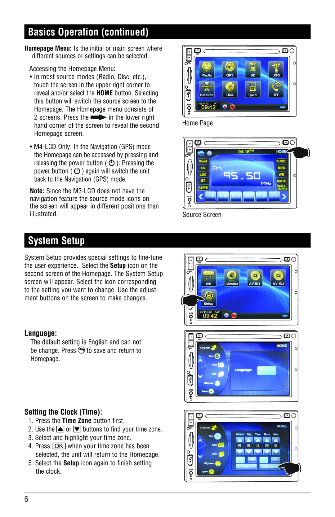 Magnadyne M4-LCD, M3-LCD installation manual System Setup, Language, Setting the Clock Time 