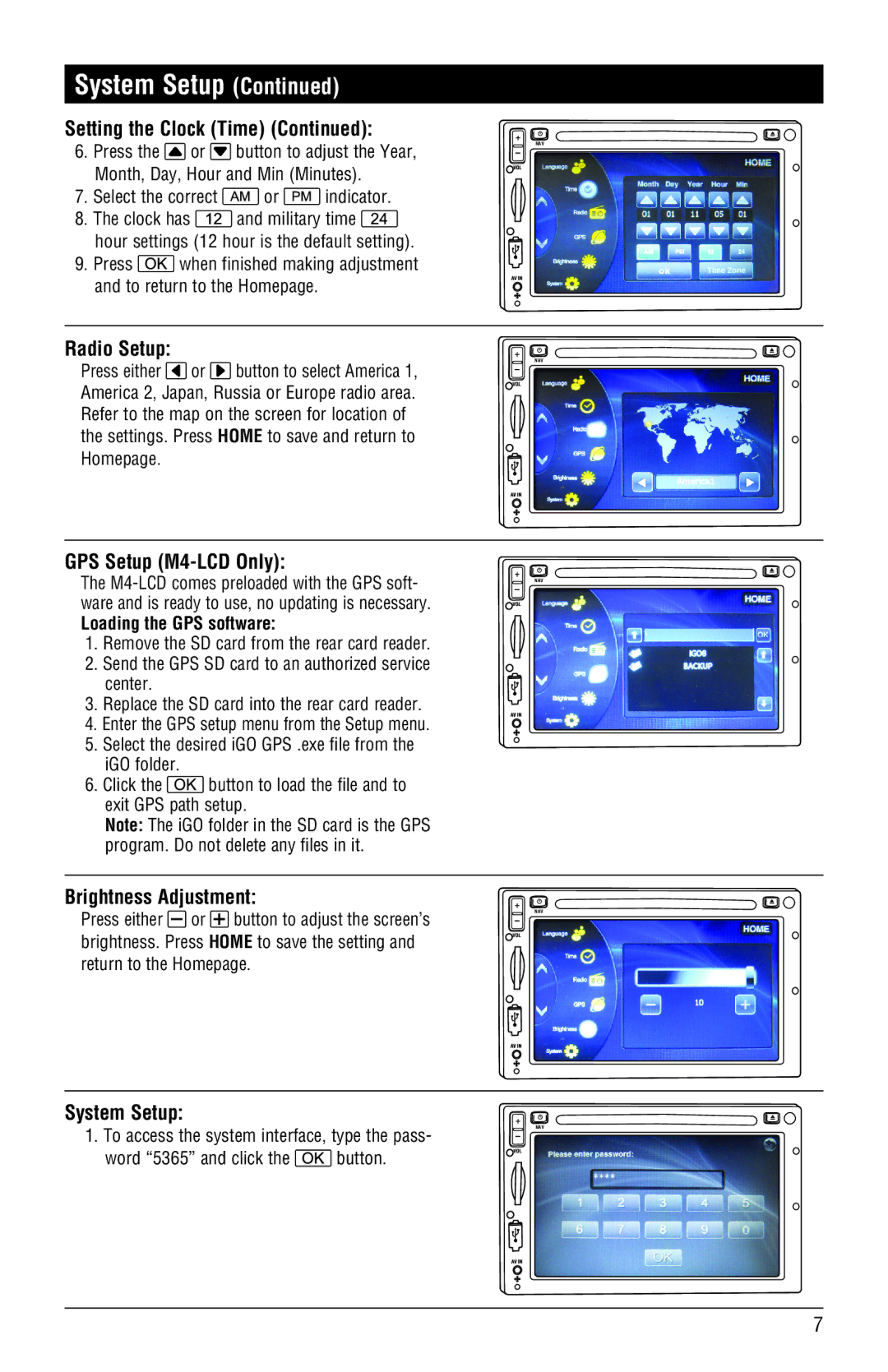 Magnadyne M3-LCD Radio Setup, GPS Setup M4-LCD Only, Brightness Adjustment, System Setup, Loading the GPS software 