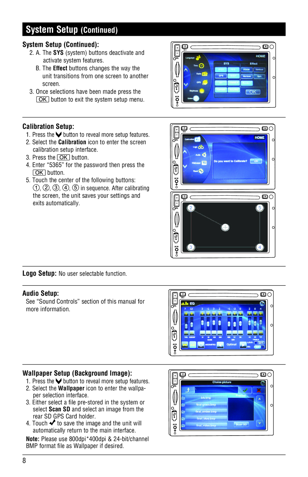 Magnadyne M4-LCD, M3-LCD installation manual Calibration Setup, Audio Setup, Wallpaper Setup Background Image 