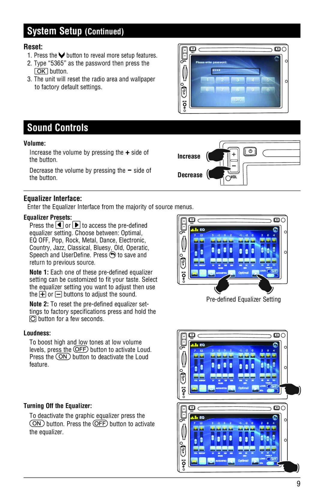 Magnadyne M3-LCD, M4-LCD installation manual Sound Controls, Reset, Equalizer Interface 