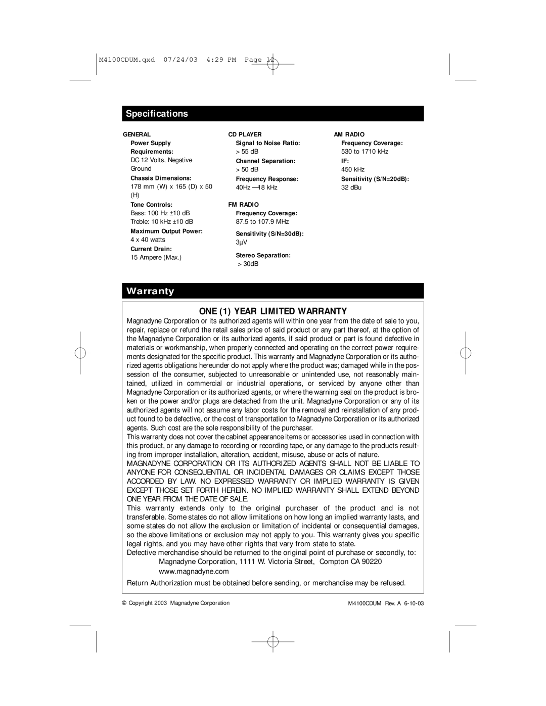 Magnadyne M4100CD manual Specifications, Warranty 