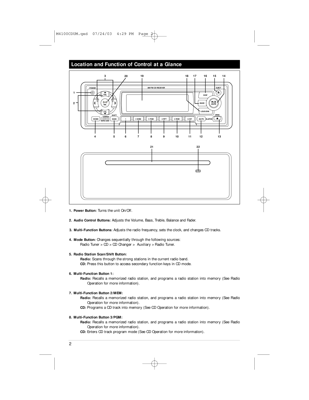 Magnadyne M4100CD Location and Function of Control at a Glance, Radio Station Scan/Shift Button, Multi-Function Button 