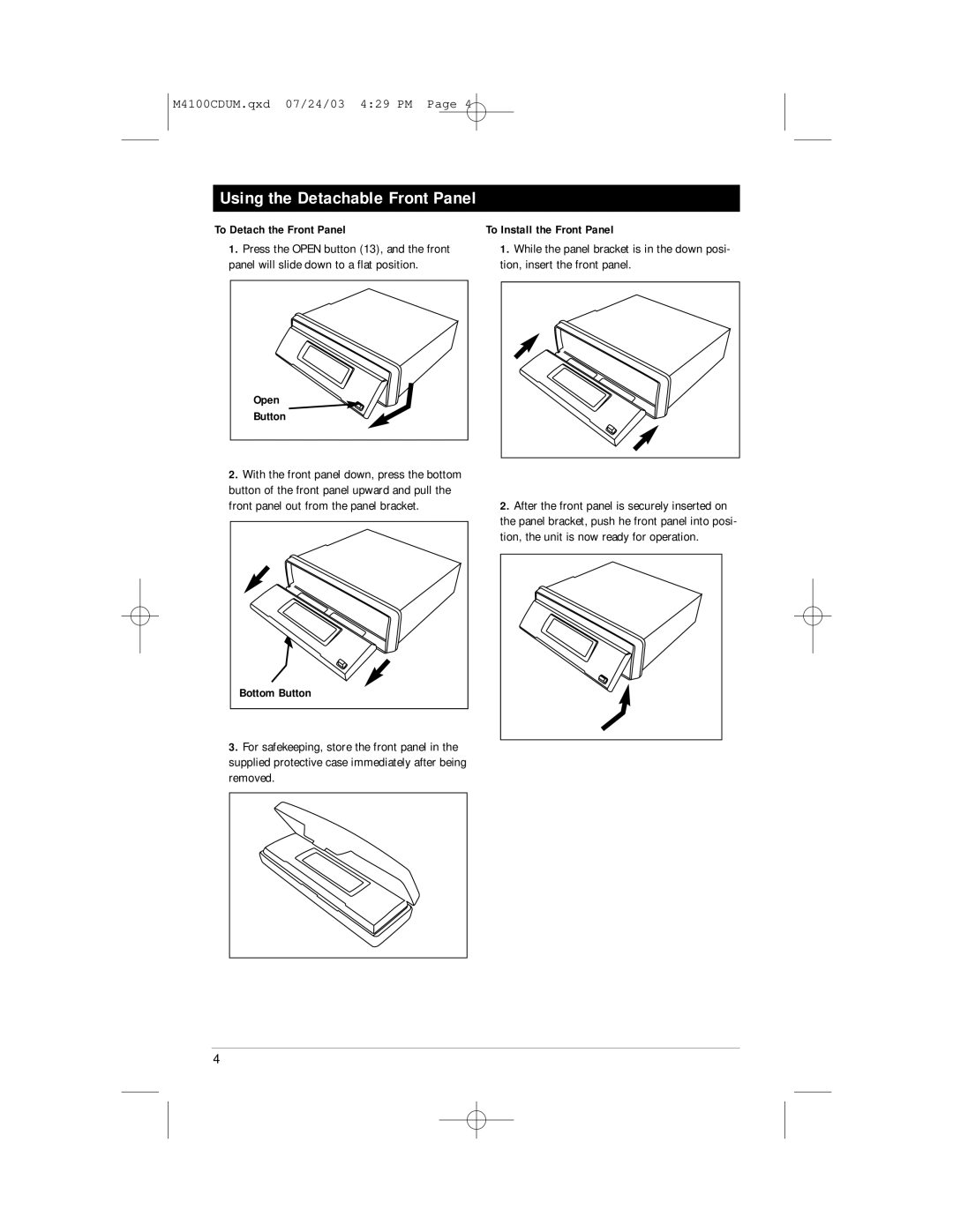 Magnadyne M4100CD manual Using the Detachable Front Panel, To Detach the Front Panel, Open Button 