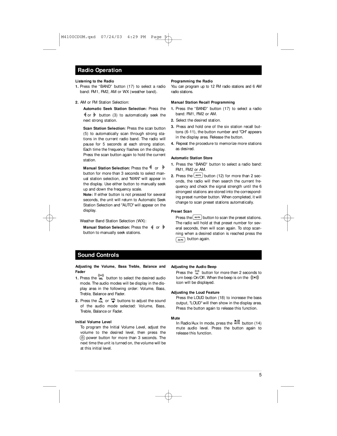 Magnadyne M4100CD manual Radio Operation, Sound Controls 