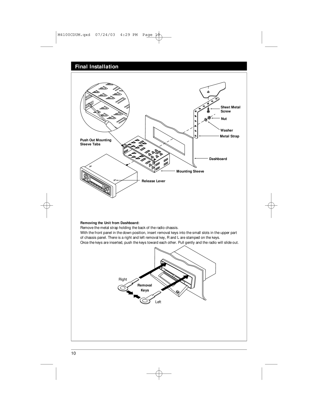 Magnadyne M4100CD manual Final Installation, Sheet Metal Screw Nut Washer Metal Strap Push Out Mounting, Removal Keys, Left 