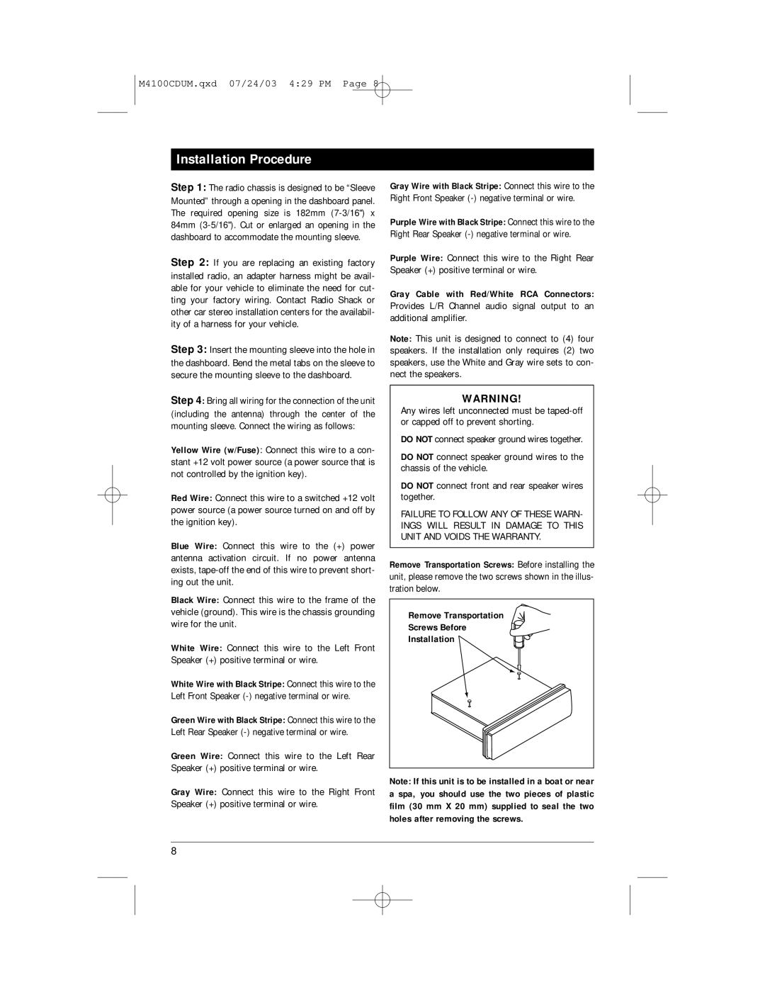 Magnadyne M4100CD manual Installation Procedure, Remove Transportation Screws Before Installation 