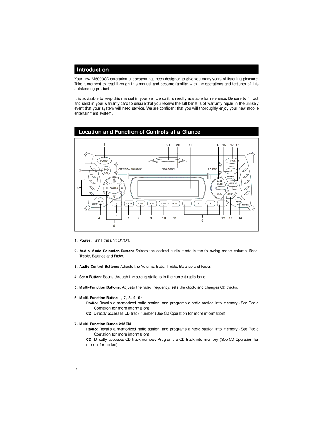 Magnadyne M5000CD manual Introduction, Location and Function of Controls at a Glance, Multi-Function Button 1, 7, 8, 9 