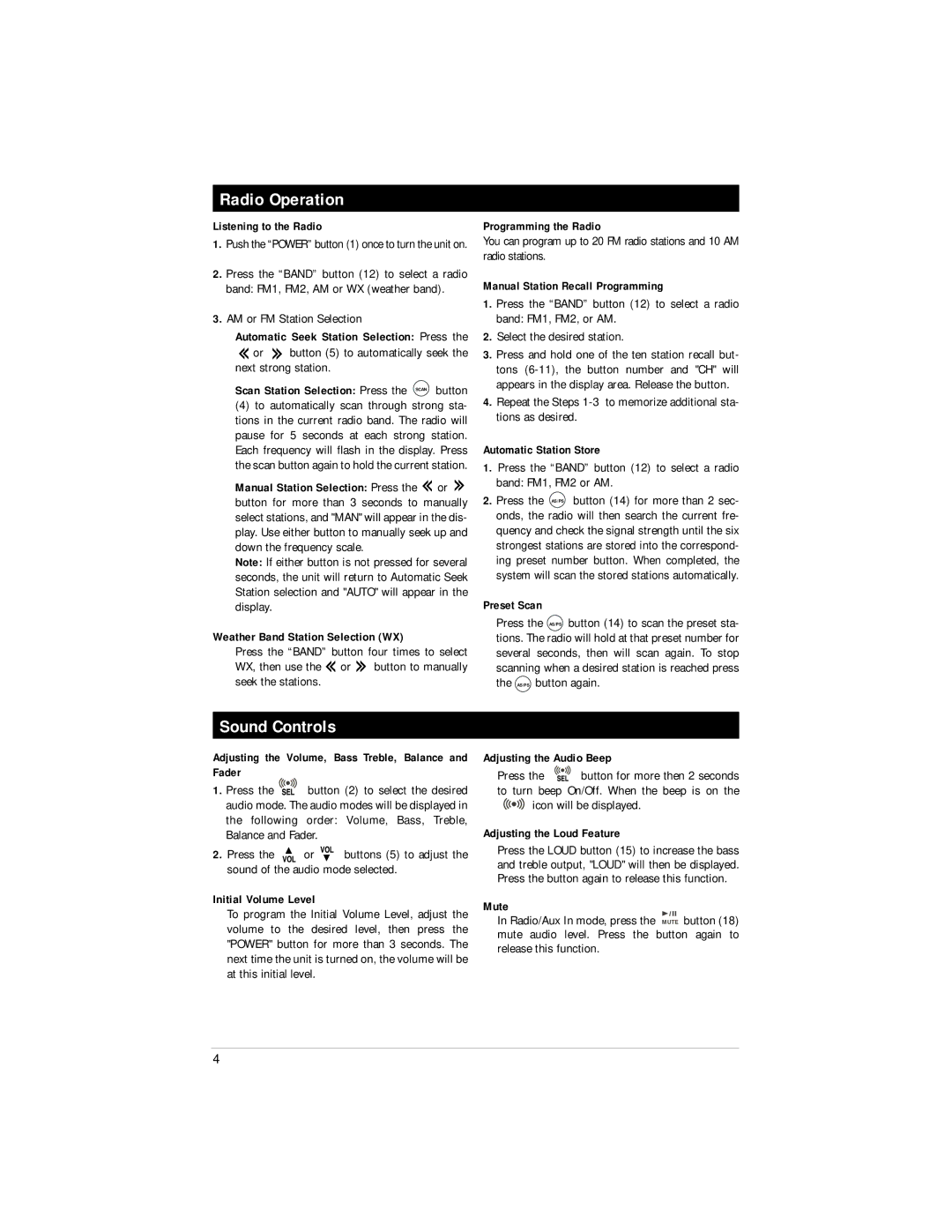 Magnadyne M5000CD manual Radio Operation, Sound Controls 