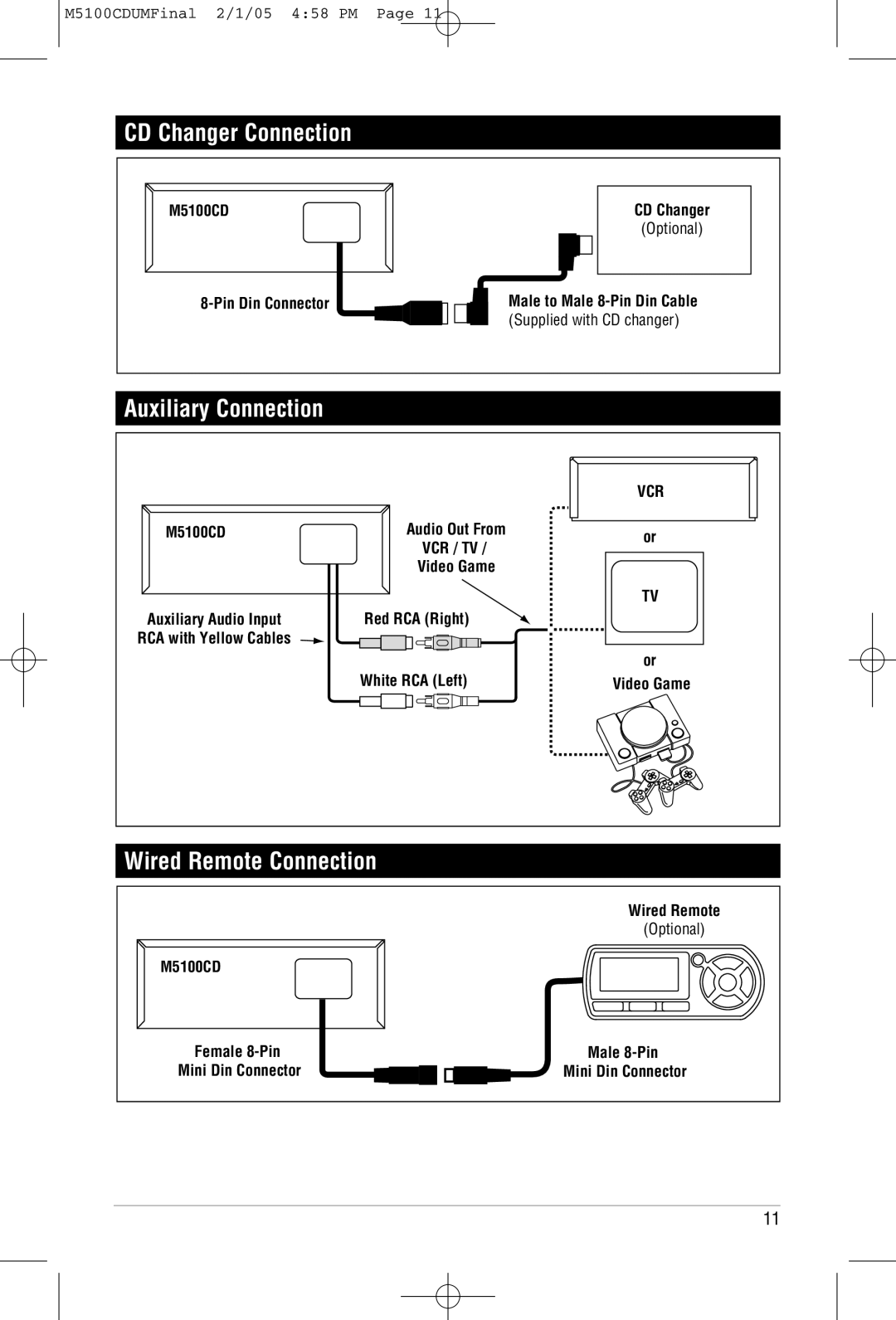 Magnadyne M5100CD operation manual CD Changer Connection, Auxiliary Connection, Wired Remote Connection 