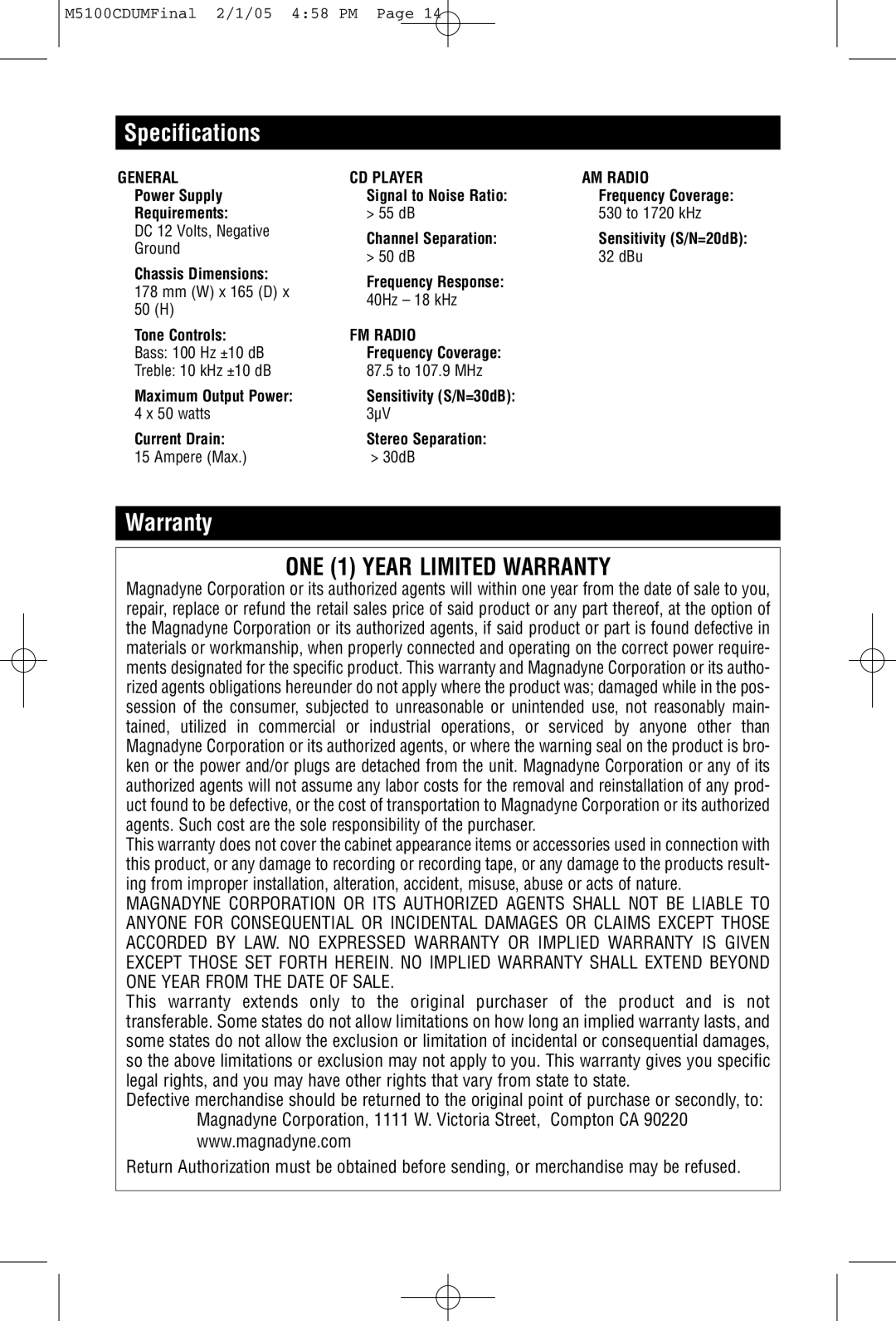 Magnadyne M5100CD operation manual Specifications, Warranty 