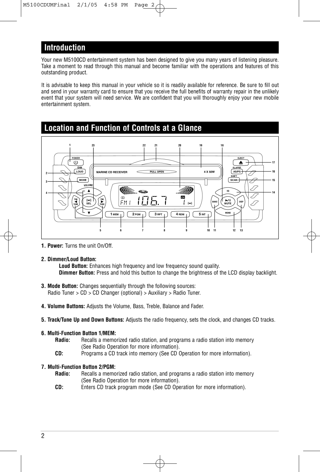 Magnadyne M5100CD operation manual Introduction, Location and Function of Controls at a Glance, Dimmer/Loud Button 