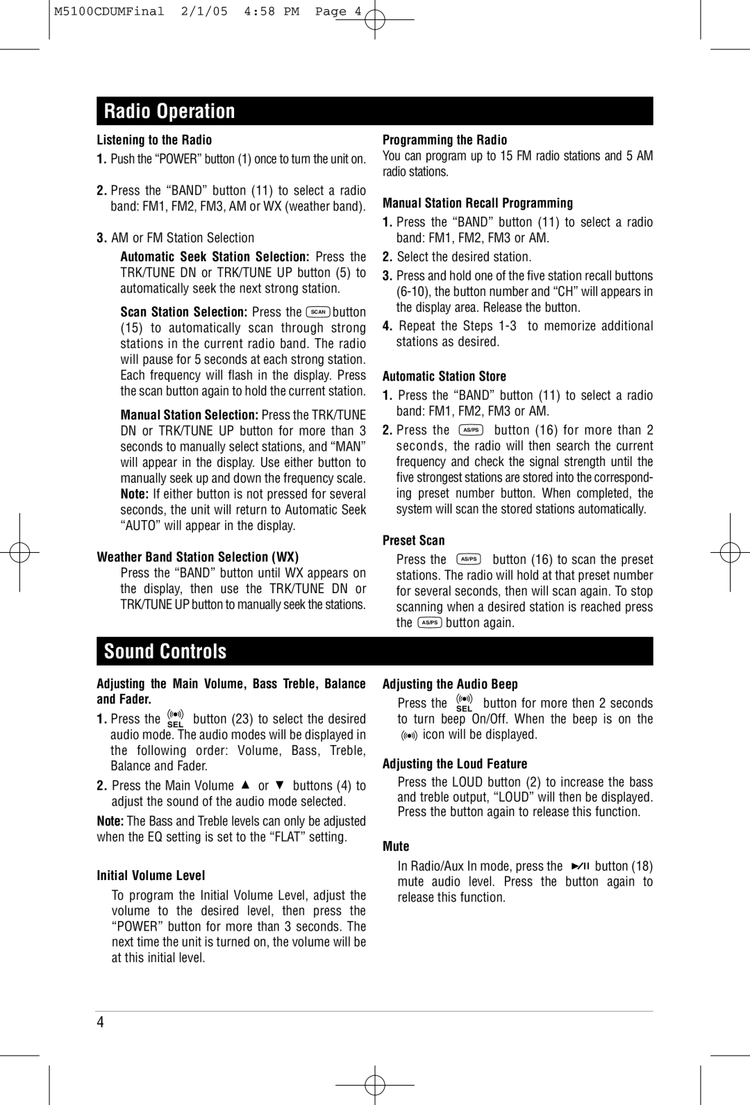 Magnadyne M5100CD operation manual Radio Operation, Sound Controls 