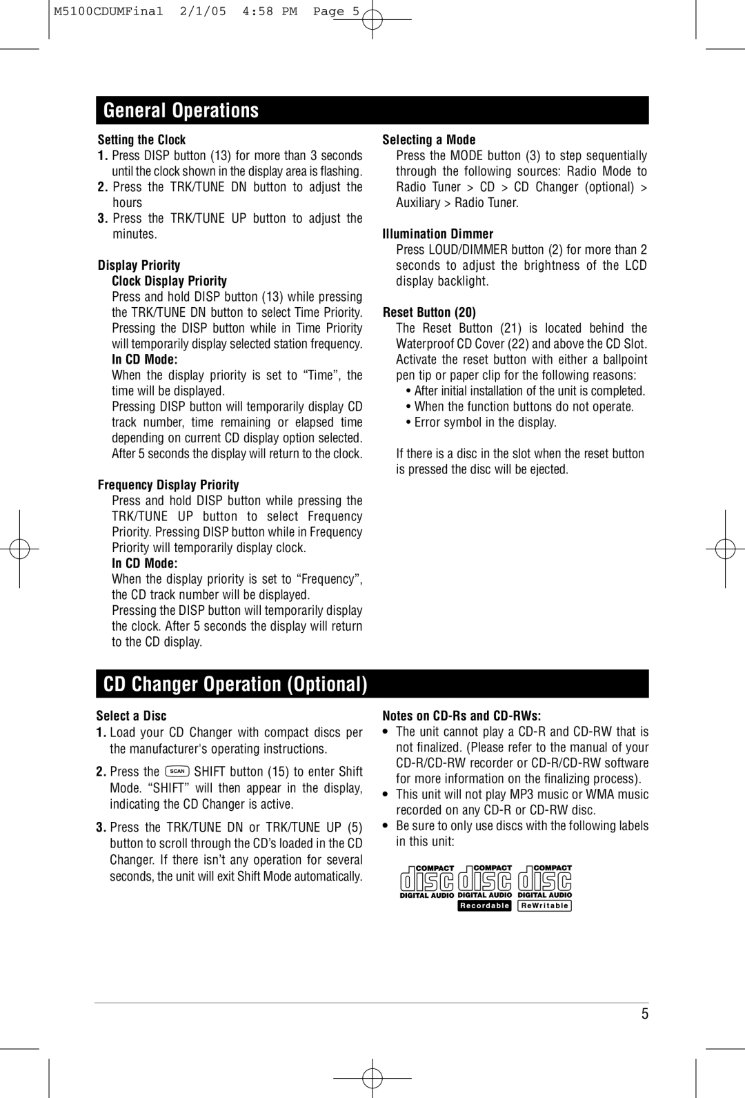 Magnadyne M5100CD operation manual General Operations 