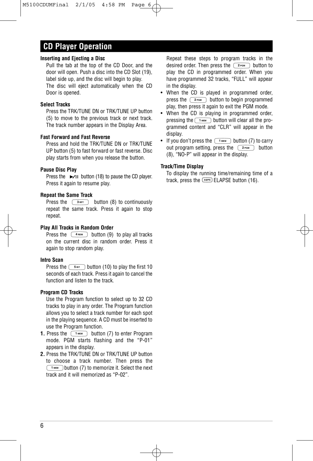 Magnadyne M5100CD operation manual CD Player Operation 