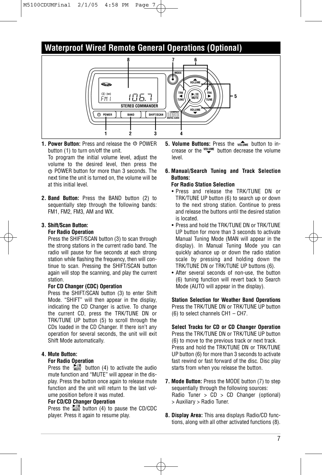 Magnadyne M5100CD operation manual Waterproof Wired Remote General Operations Optional, For CD Changer CDC Operation 