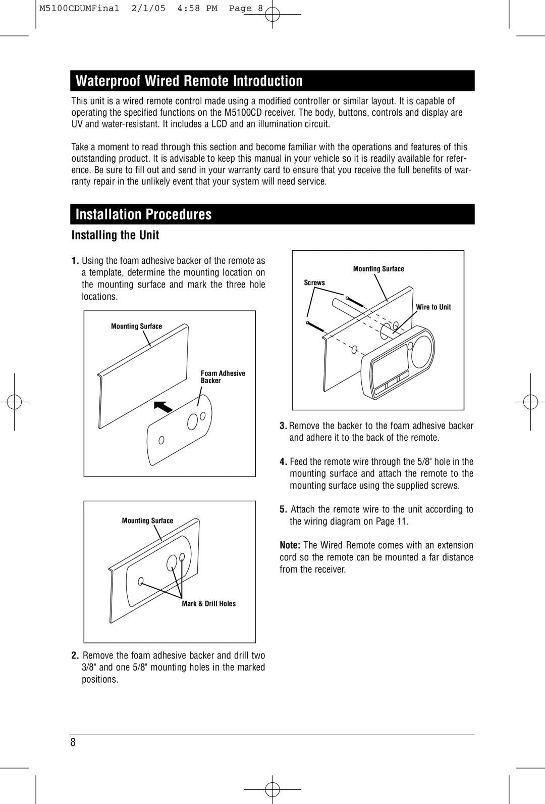 Magnadyne M5100CD operation manual Waterproof Wired Remote Introduction, Installation Procedures 