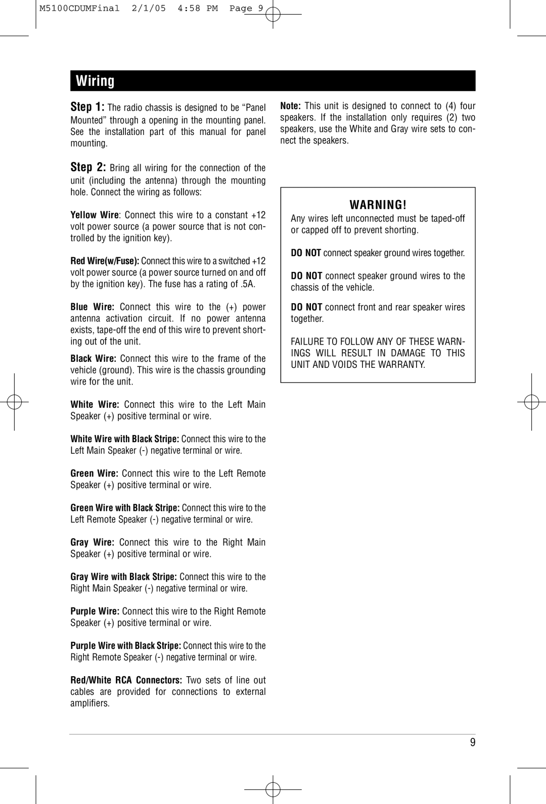 Magnadyne M5100CD operation manual Wiring 