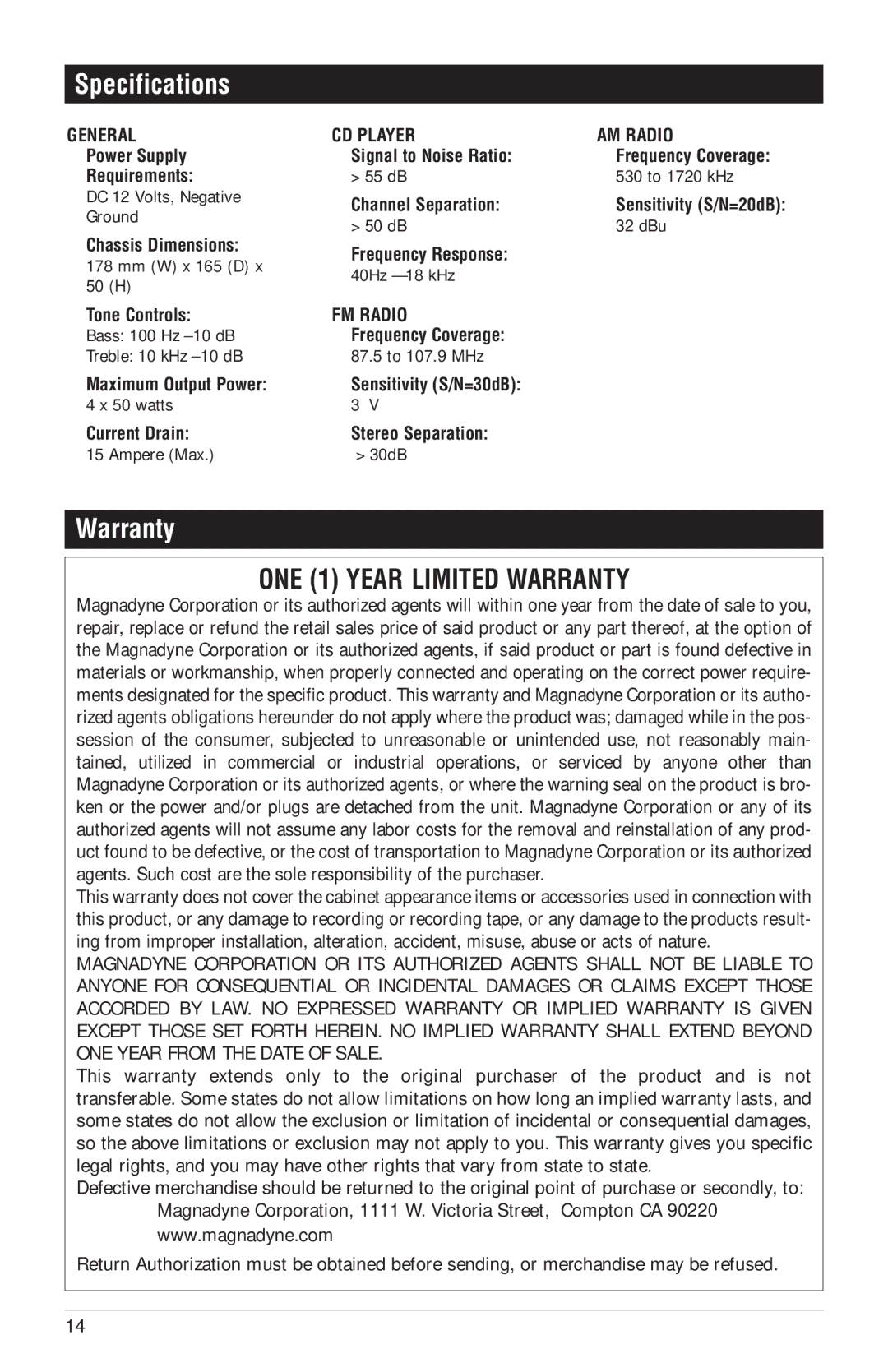 Magnadyne M6100CD operation manual Specifications, Warranty 