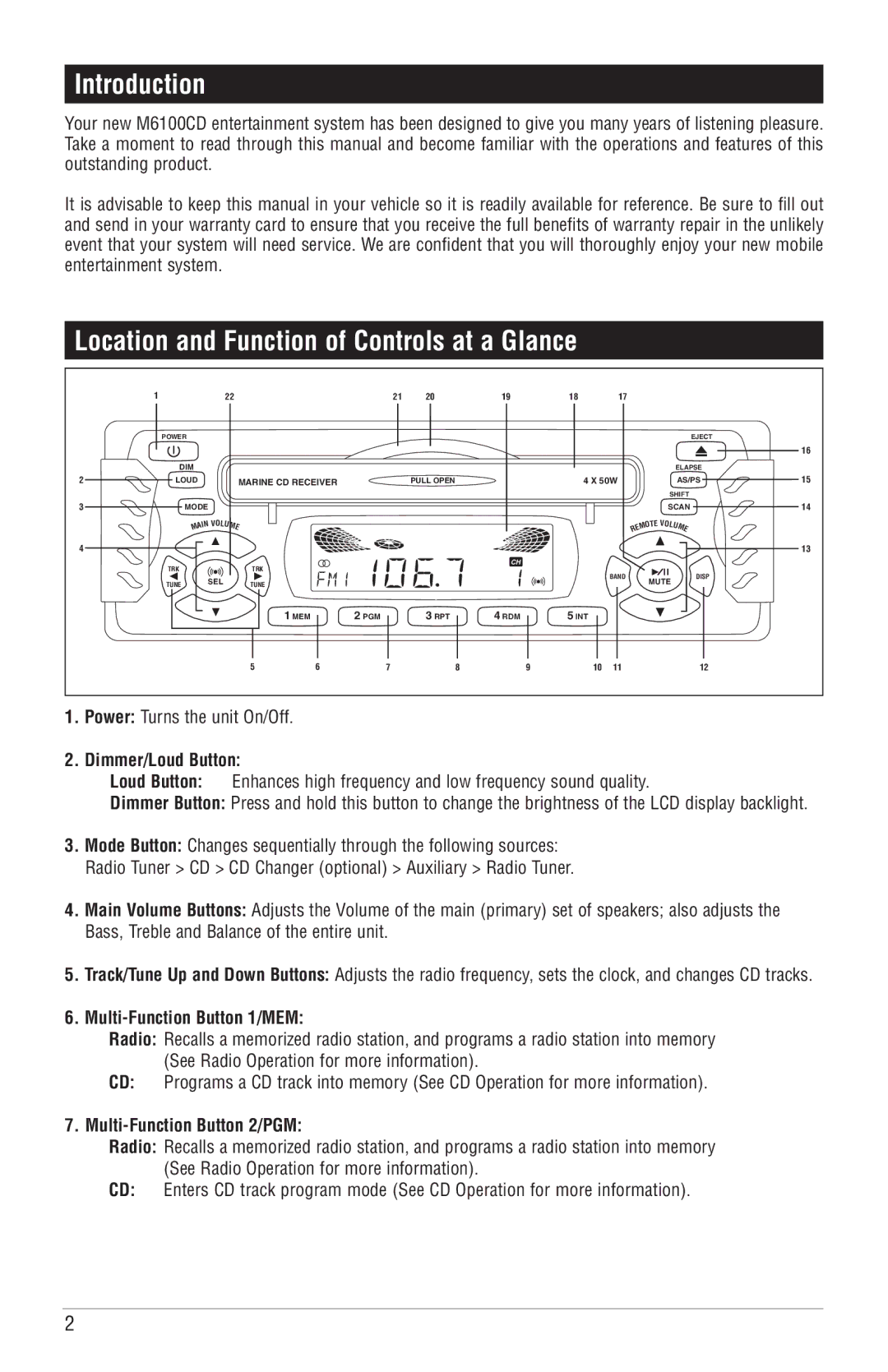 Magnadyne M6100CD operation manual Introduction, Location and Function of Controls at a Glance, Dimmer/Loud Button 