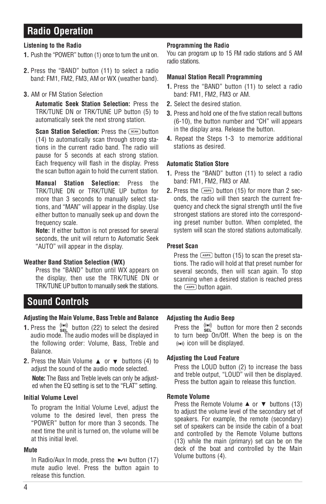 Magnadyne M6100CD operation manual Radio Operation, Sound Controls 