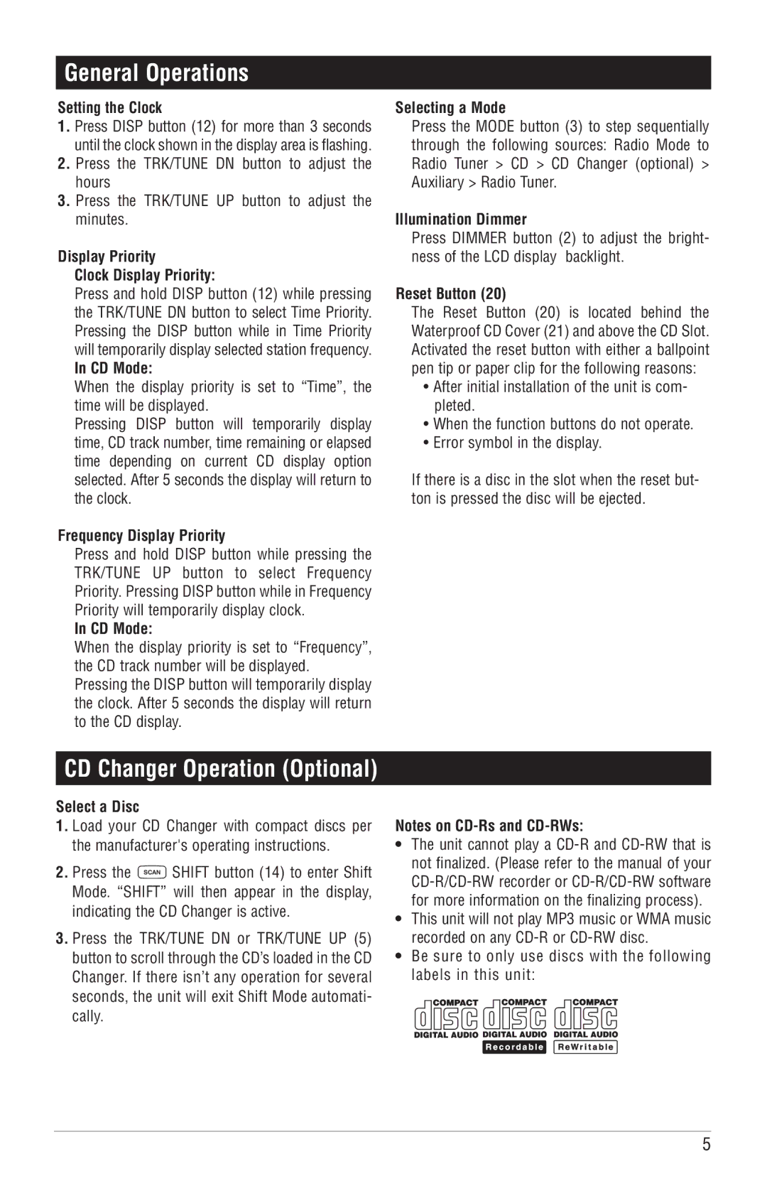 Magnadyne M6100CD operation manual General Operations 