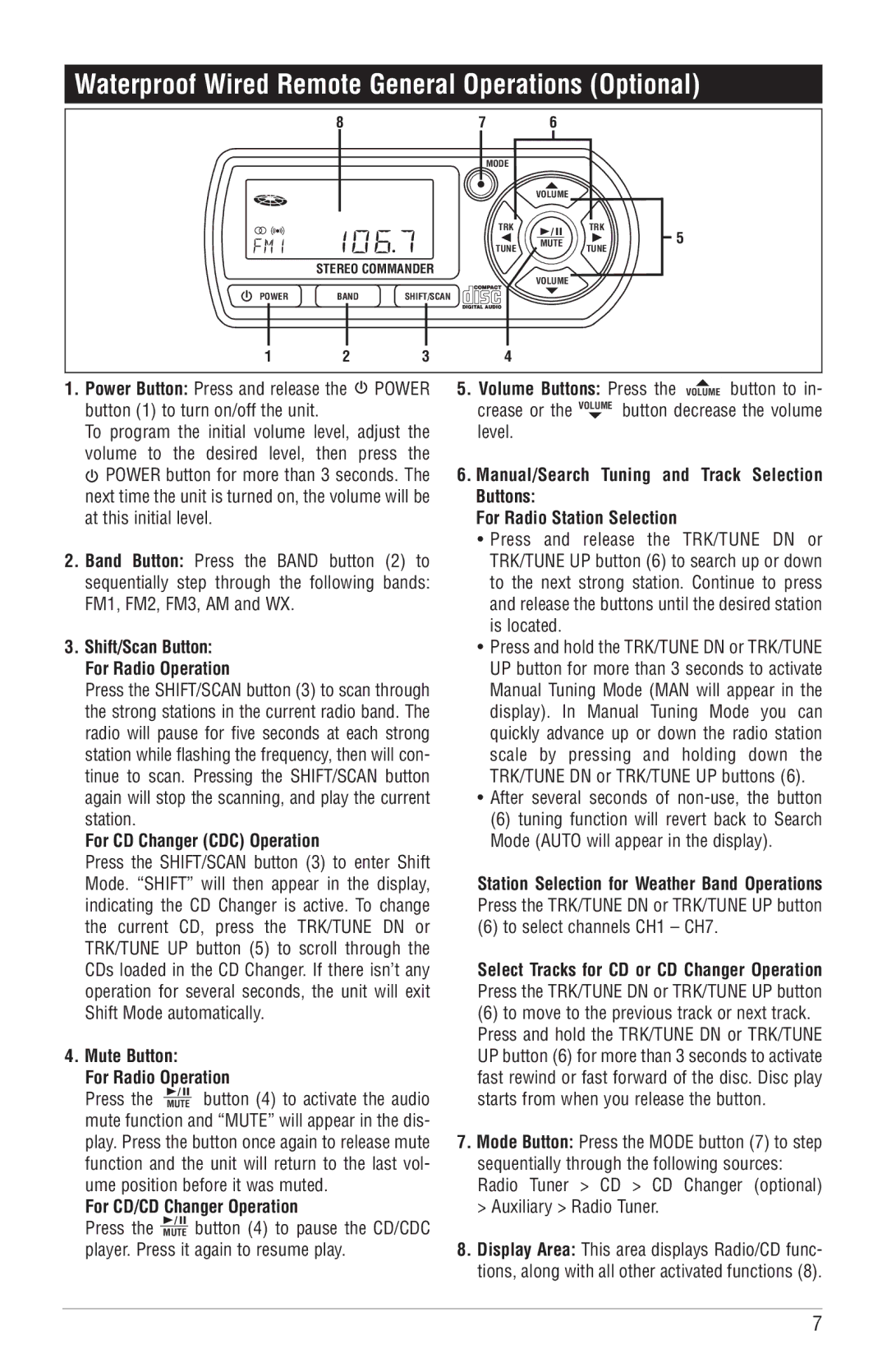 Magnadyne M6100CD operation manual Waterproof Wired Remote General Operations Optional, For CD Changer CDC Operation 