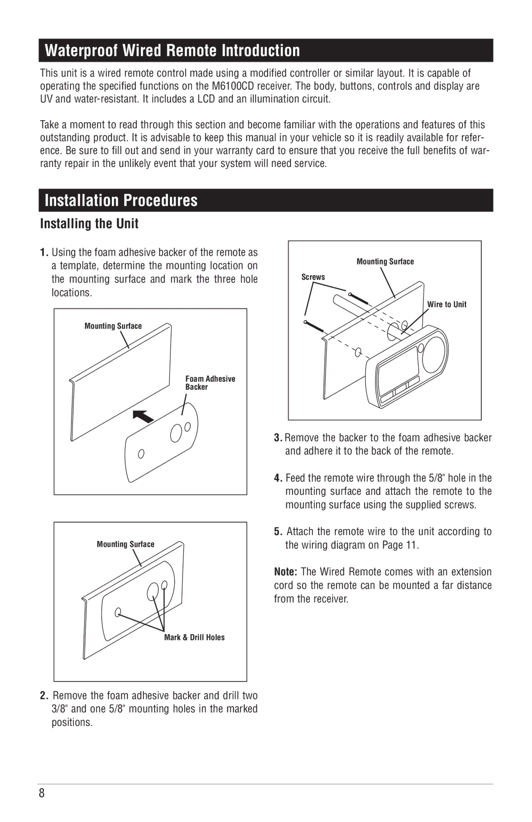 Magnadyne M6100CD operation manual Waterproof Wired Remote Introduction, Installation Procedures 