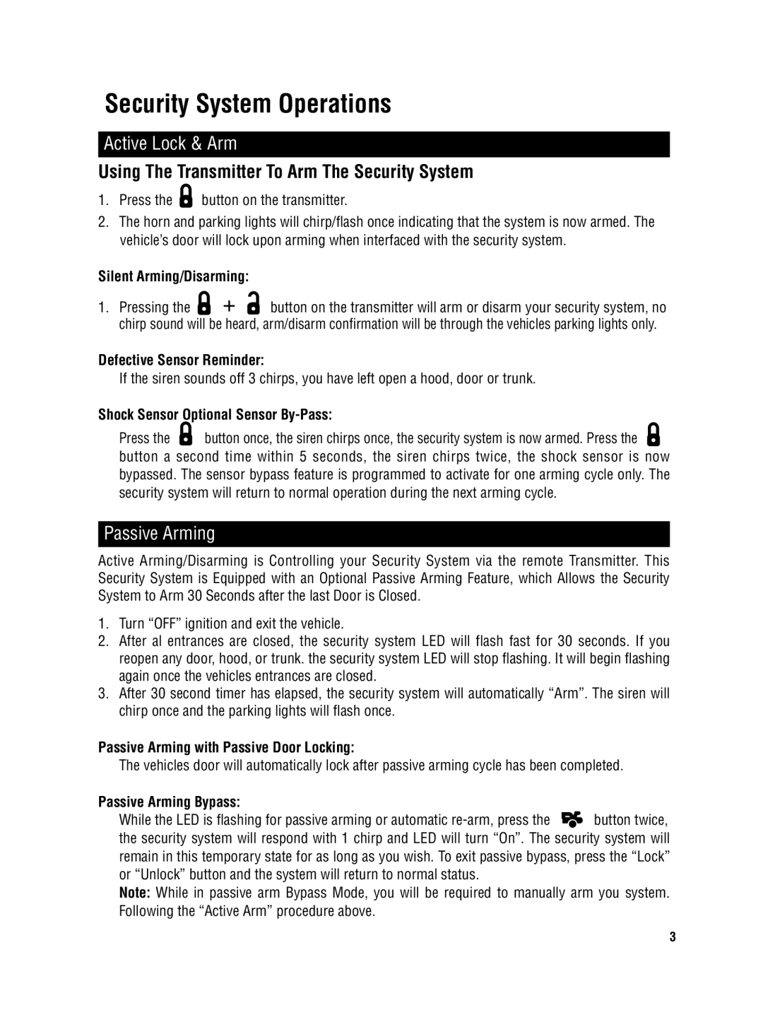 Magnadyne M7a user manual Active Lock & Arm, Using The Transmitter To Arm The Security System, Passive Arming 