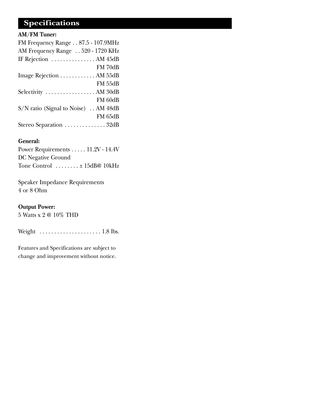 Magnadyne M9800 manual Specifications, AM/FM Tuner, General, Output Power 