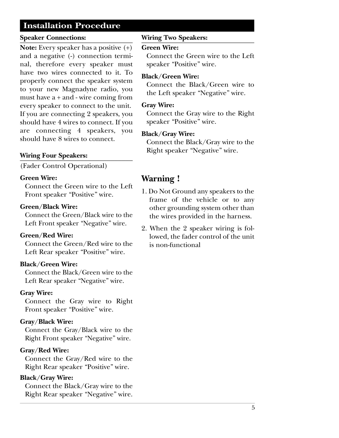 Magnadyne M9800 manual Speaker Connections Wiring Four Speakers, Green/Black Wire, Green/Red Wire, Black/Green Wire 