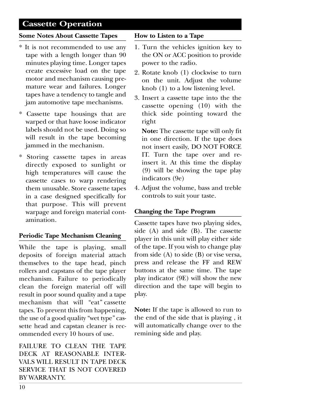 Magnadyne M9860f, M9850 manual Cassette Operation, Some Notes About Cassette Tapes, Periodic Tape Mechanism Cleaning 