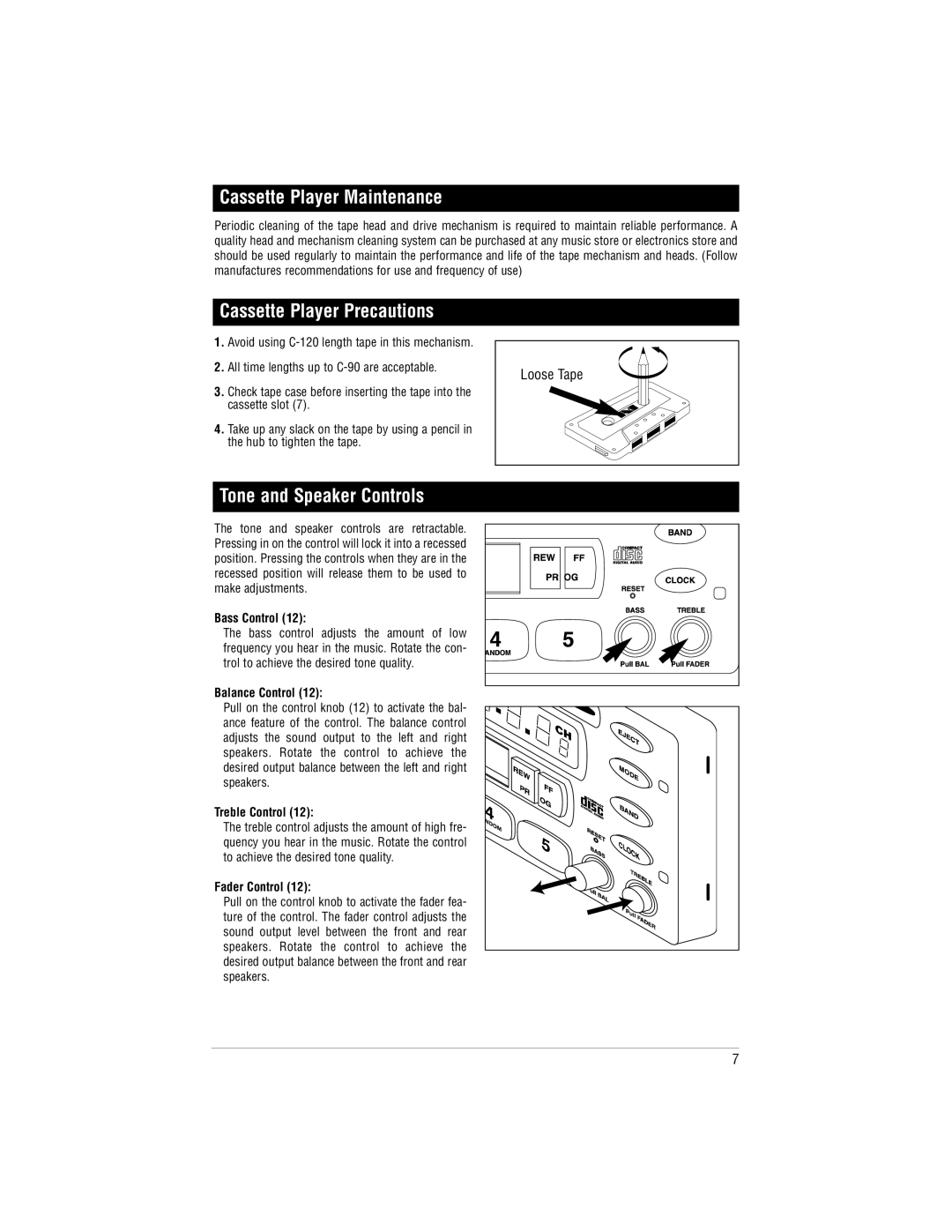 Magnadyne M9900 manual Cassette Player Maintenance, Cassette Player Precautions, Tone and Speaker Controls 