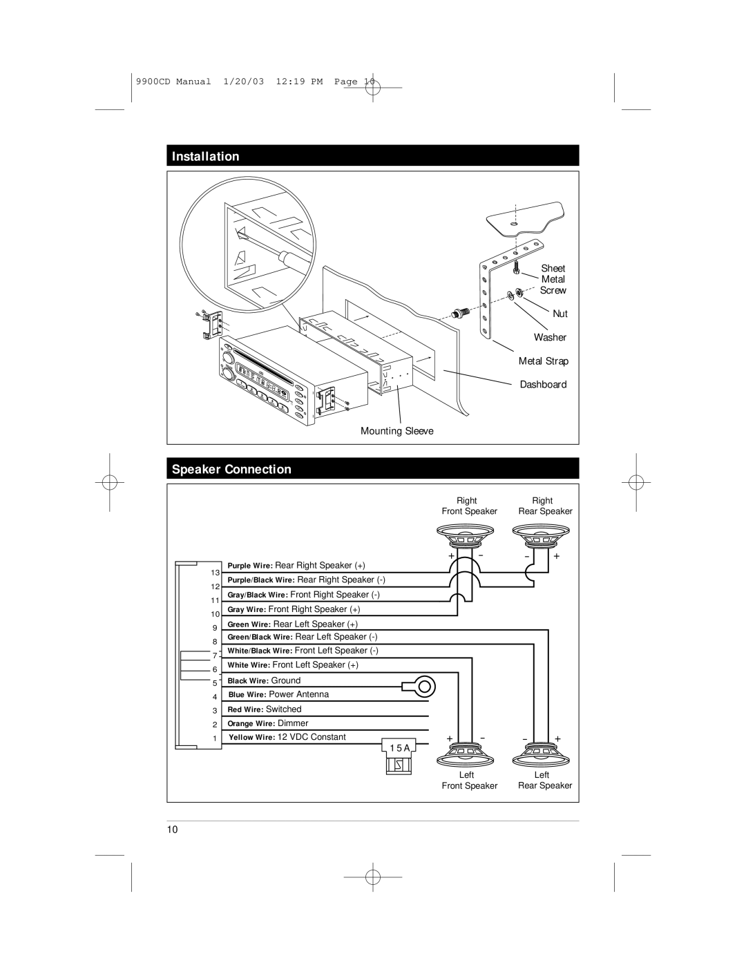 Magnadyne M9900CD manual Installation, Speaker Connection 