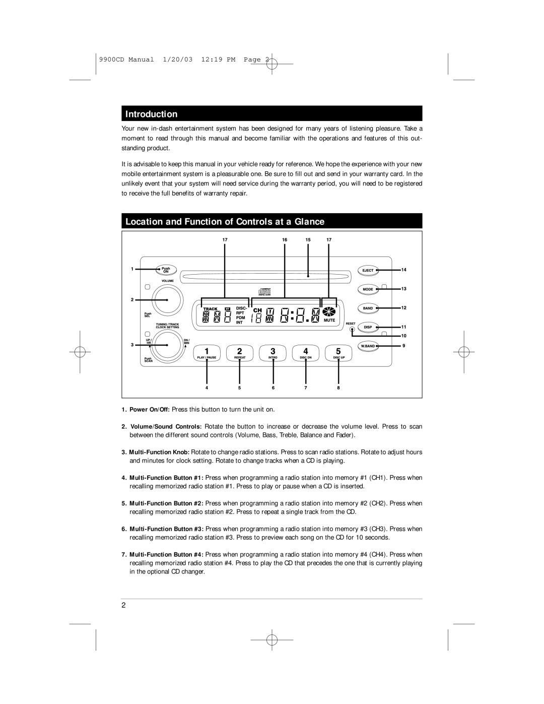 Magnadyne M9900CD manual Introduction, Location and Function of Controls at a Glance 