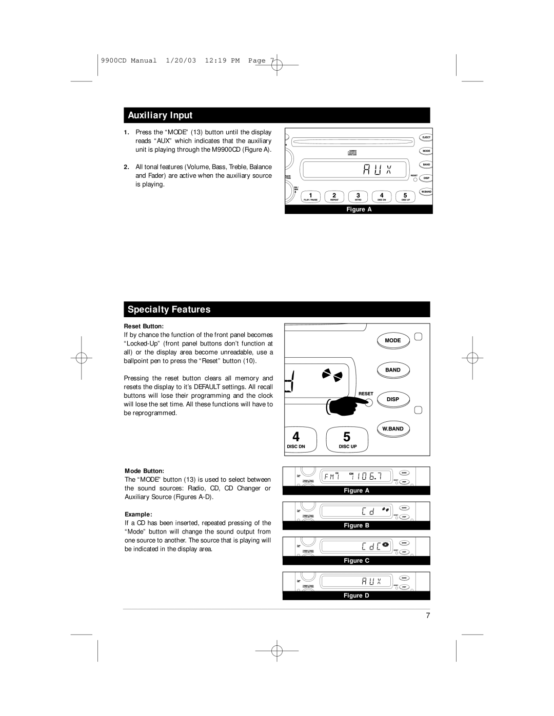 Magnadyne M9900CD manual Auxiliary Input, Specialty Features, Reset Button, Mode Button, Example 