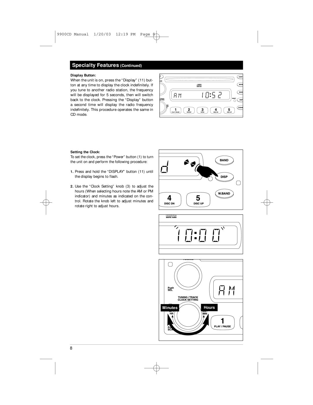 Magnadyne M9900CD manual Display Button, Setting the Clock 