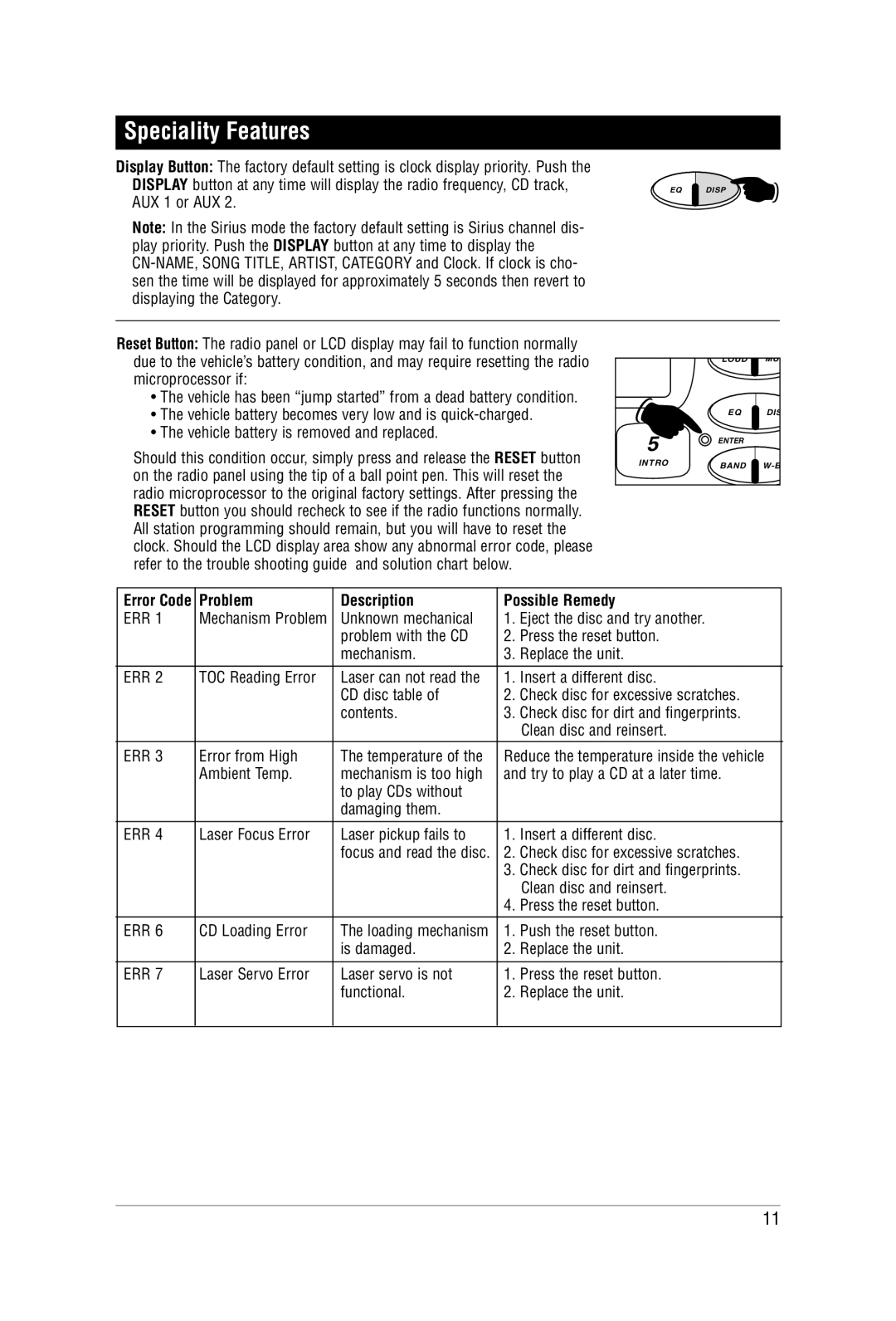 Magnadyne M9900CDS manual Speciality Features, Problem Description Possible Remedy 