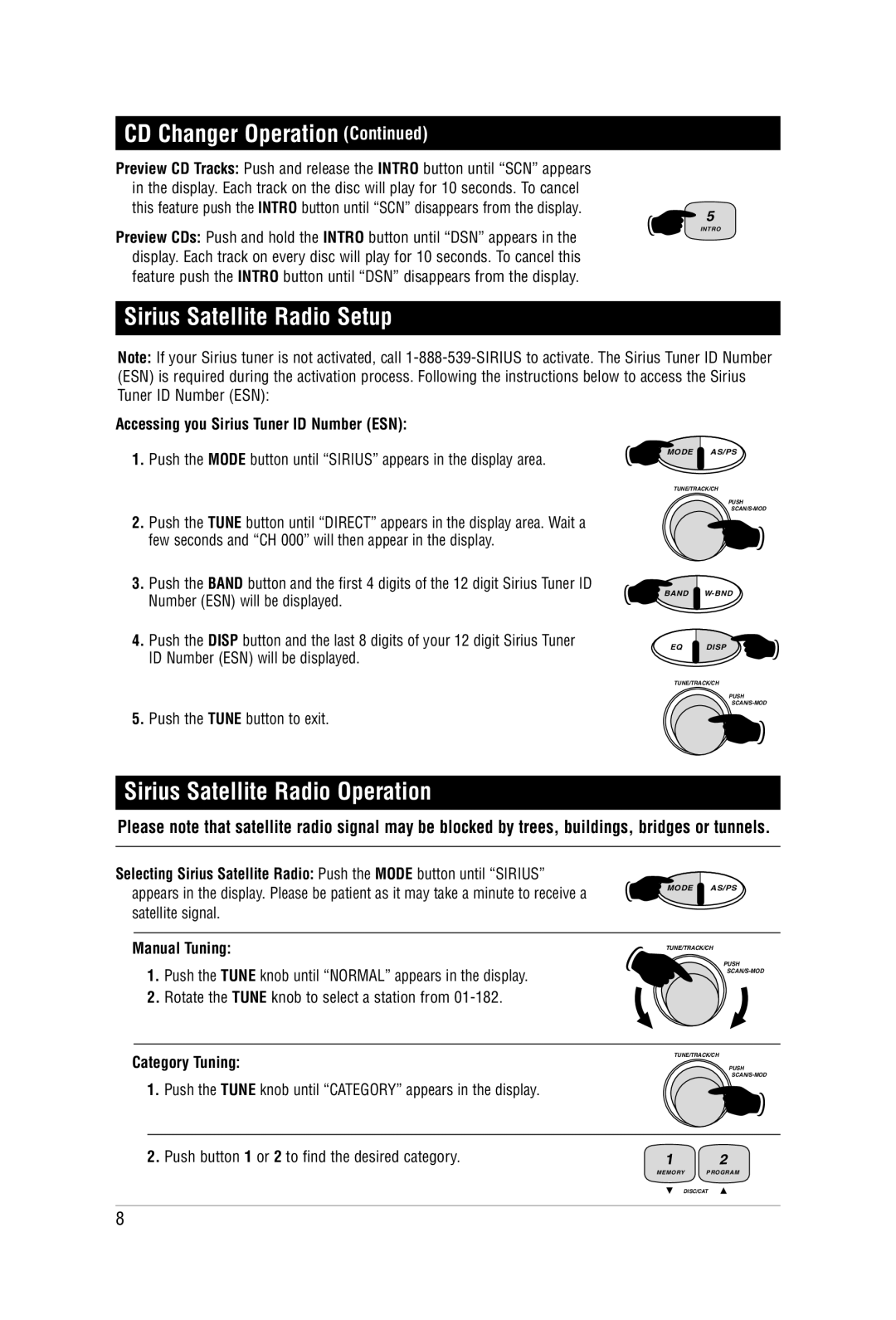 Magnadyne M9900CDS manual Sirius Satellite Radio Setup, Sirius Satellite Radio Operation, Category Tuning 