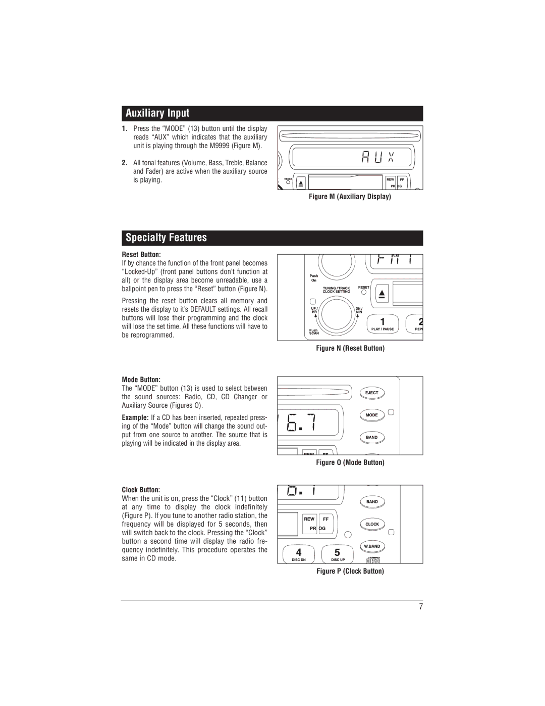 Magnadyne M9999 manual Auxiliary Input, Specialty Features, Reset Button 