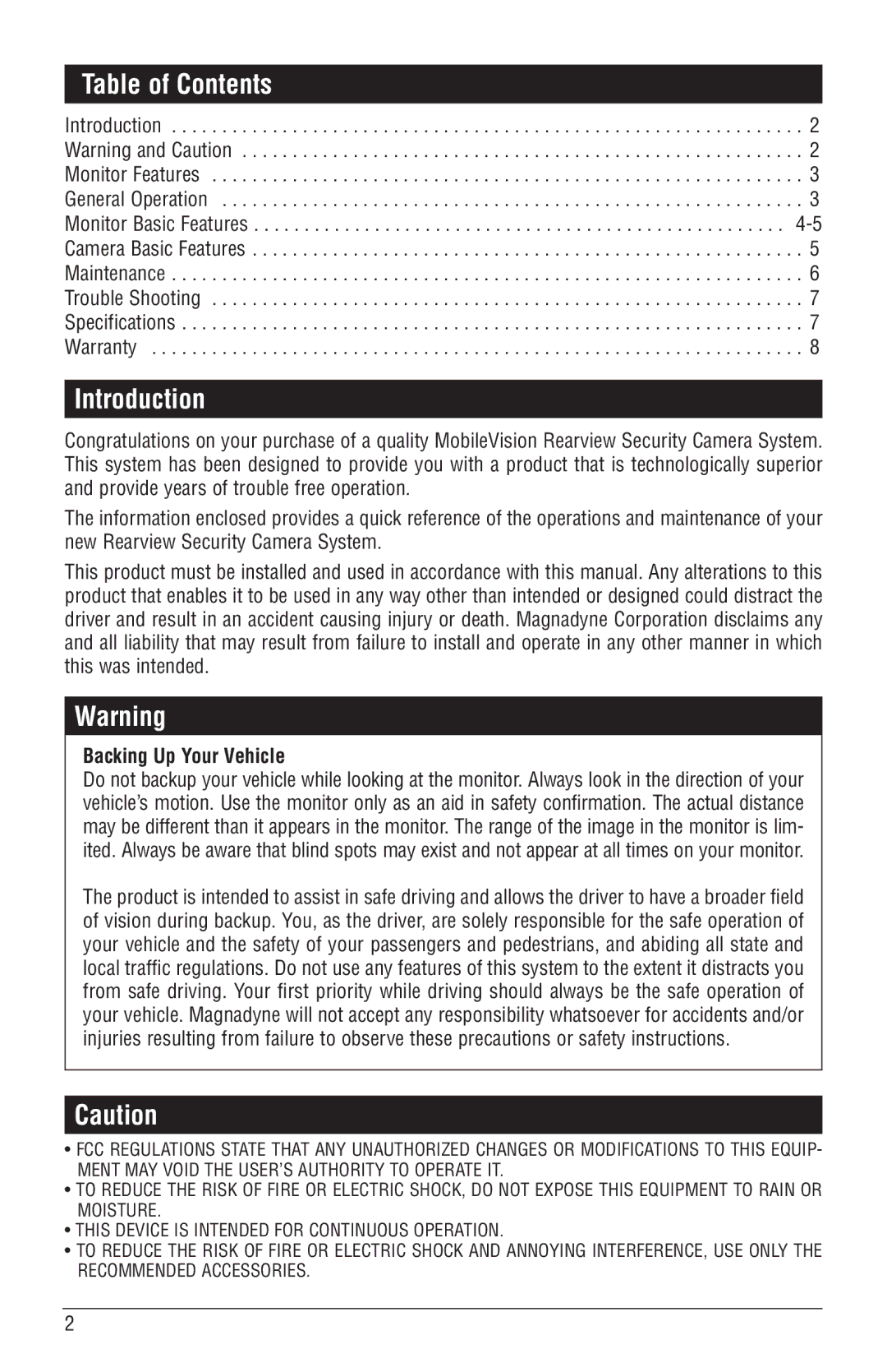 Magnadyne MCS-700BW owner manual Table of Contents, Introduction 