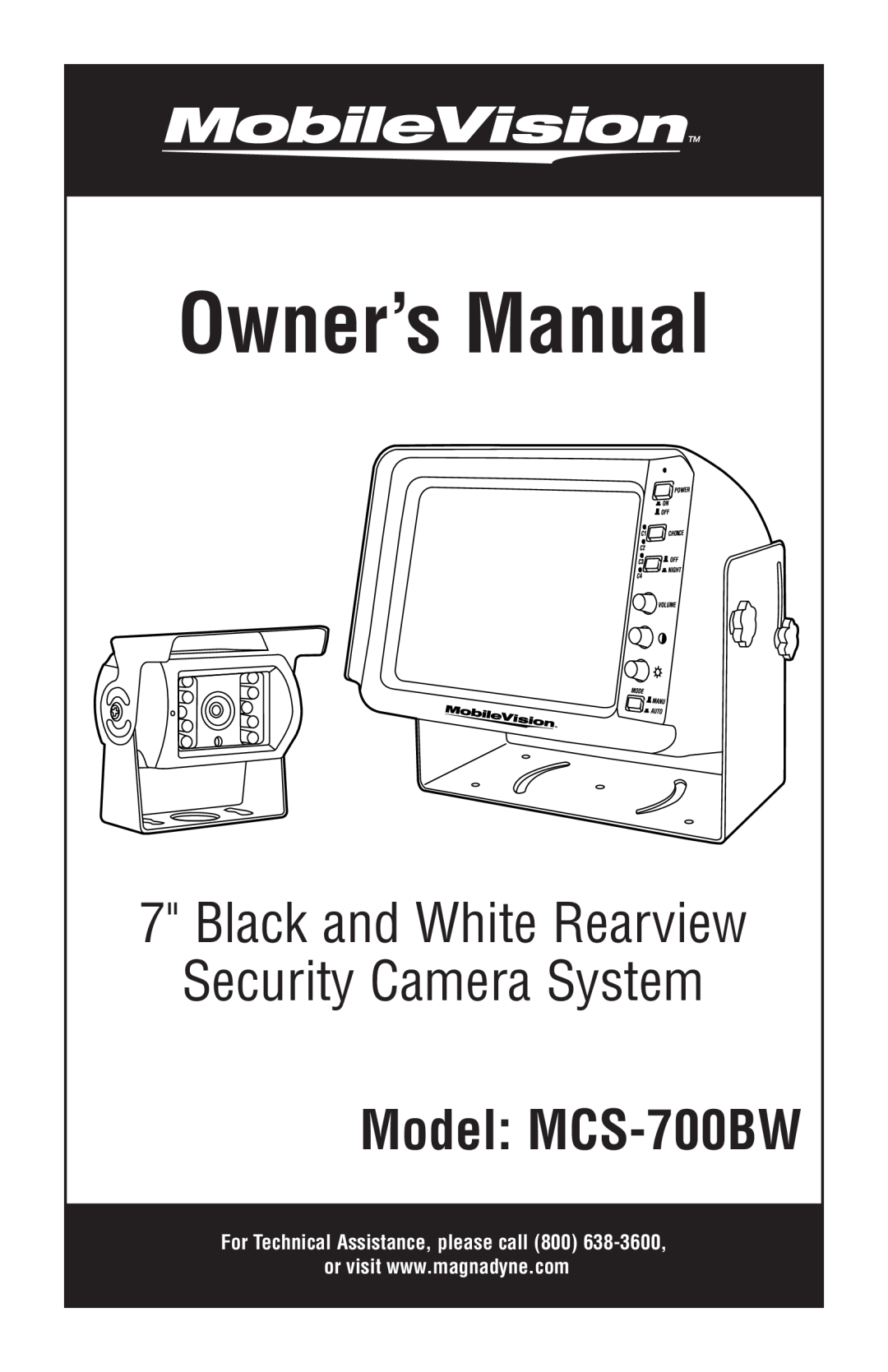 Magnadyne owner manual Owner’s Manual, Black and White Rearview Security Camera System, Model MCS-700BW 