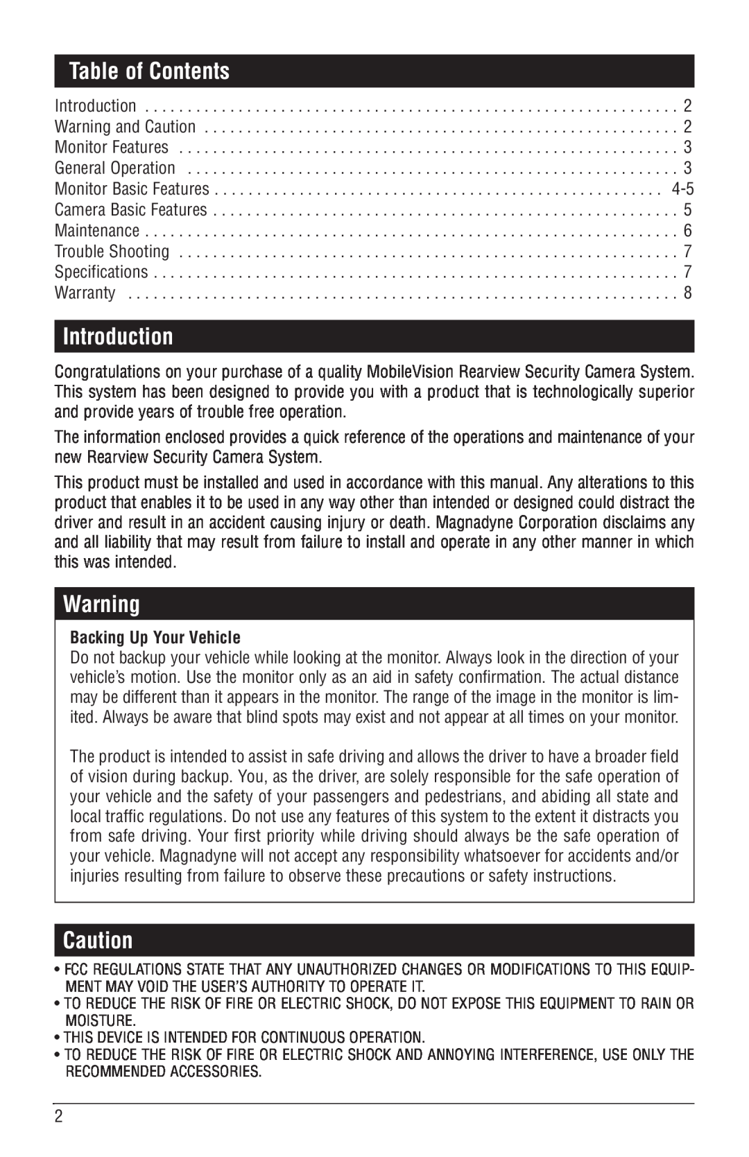 Magnadyne MCS-700BW owner manual Table of Contents, Introduction, Backing Up Your Vehicle 