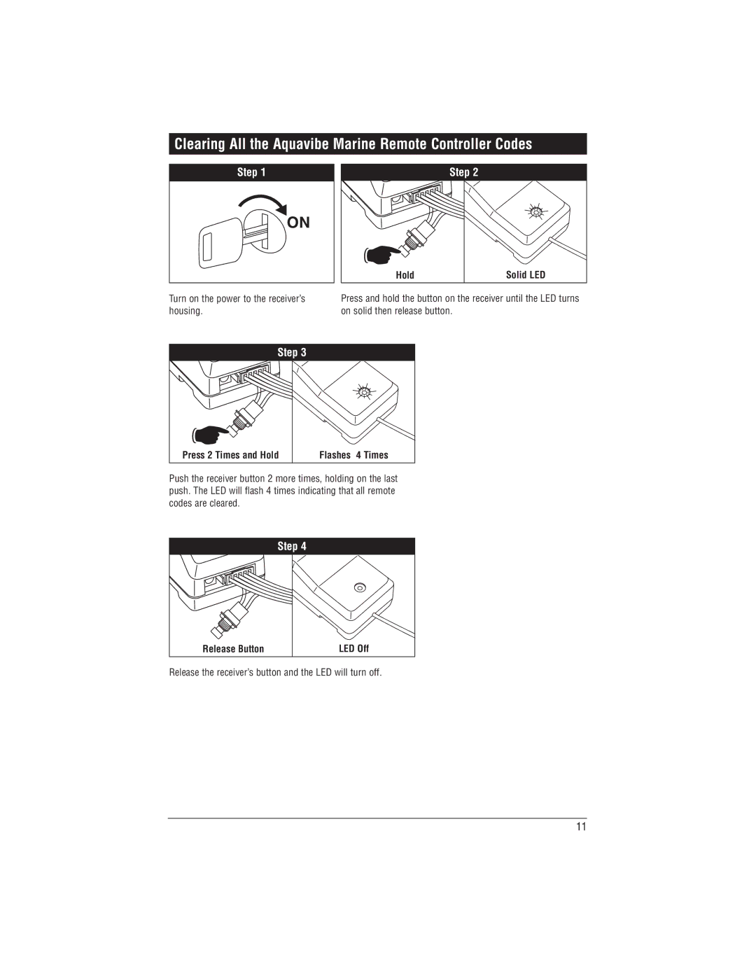 Magnadyne MRC-2U installation manual Clearing All the Aquavibe Marine Remote Controller Codes, Press 2 Times and Hold 