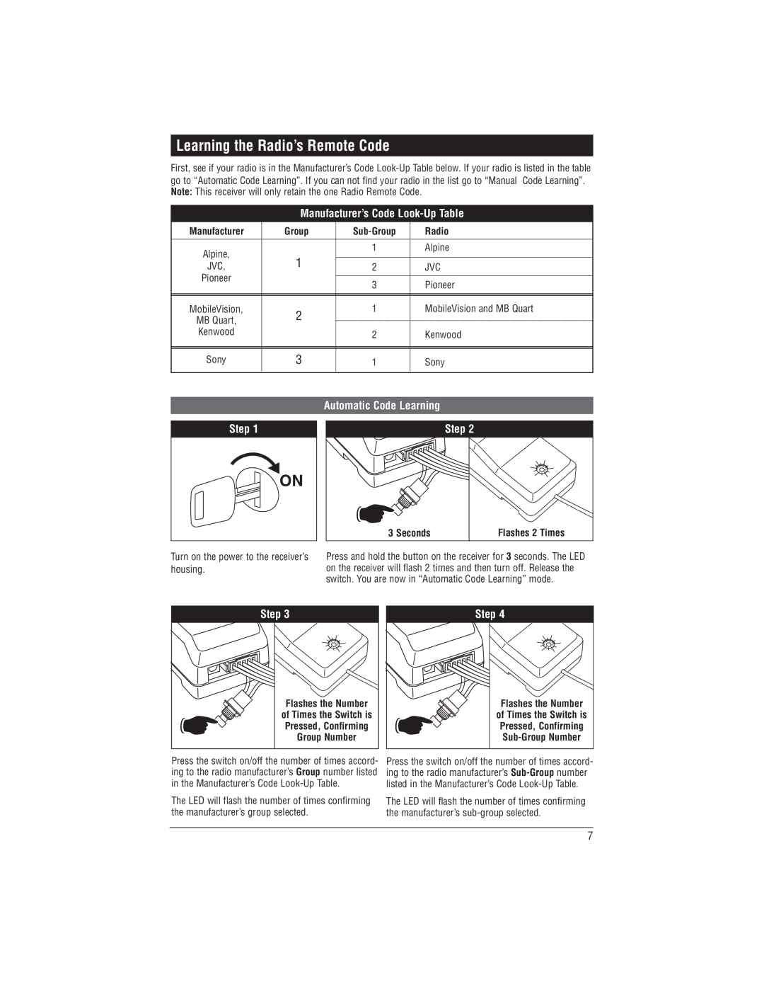 Magnadyne MRC-2U installation manual Learning the Radio’s Remote Code, Group, Seconds Flashes 2 Times 