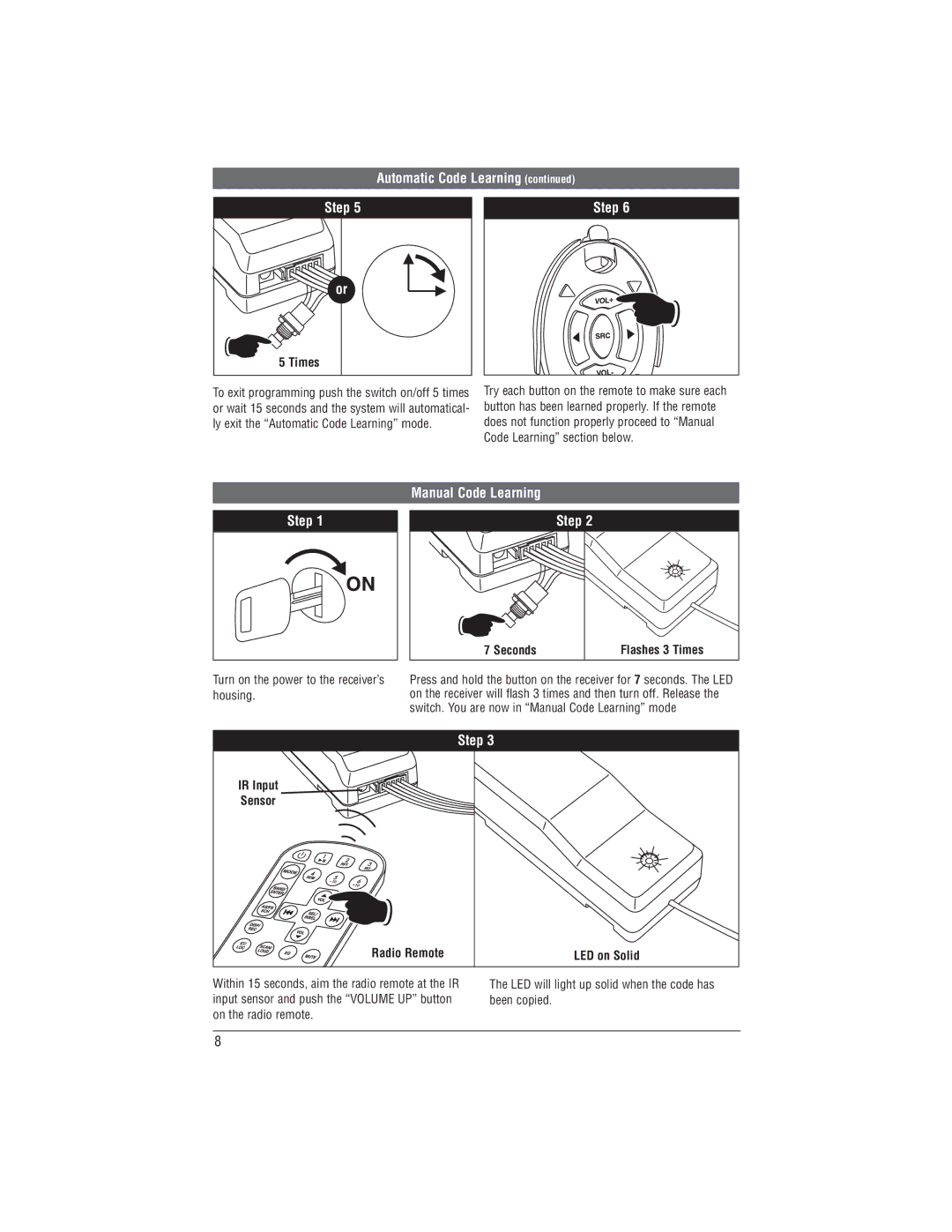 Magnadyne MRC-2U installation manual Seconds Flashes 3 Times, IR Input Sensor Radio Remote LED on Solid 