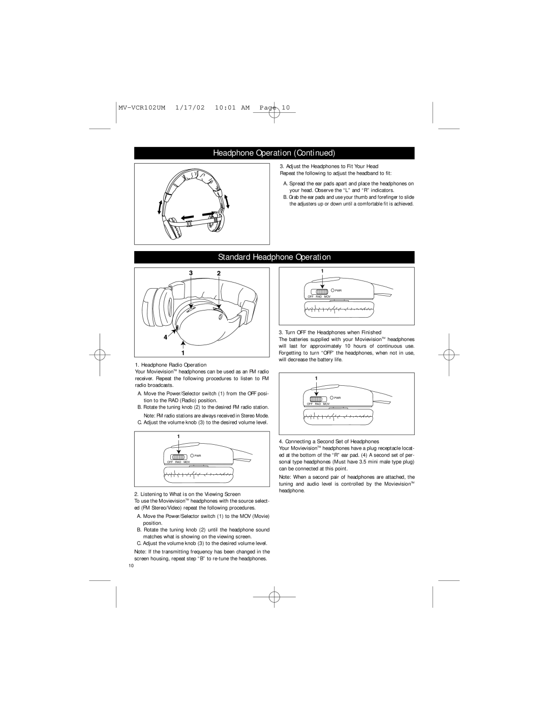 Magnadyne MV-1002 Standard Headphone Operation, Headphone Radio Operation, Listening to What is on the Viewing Screen 